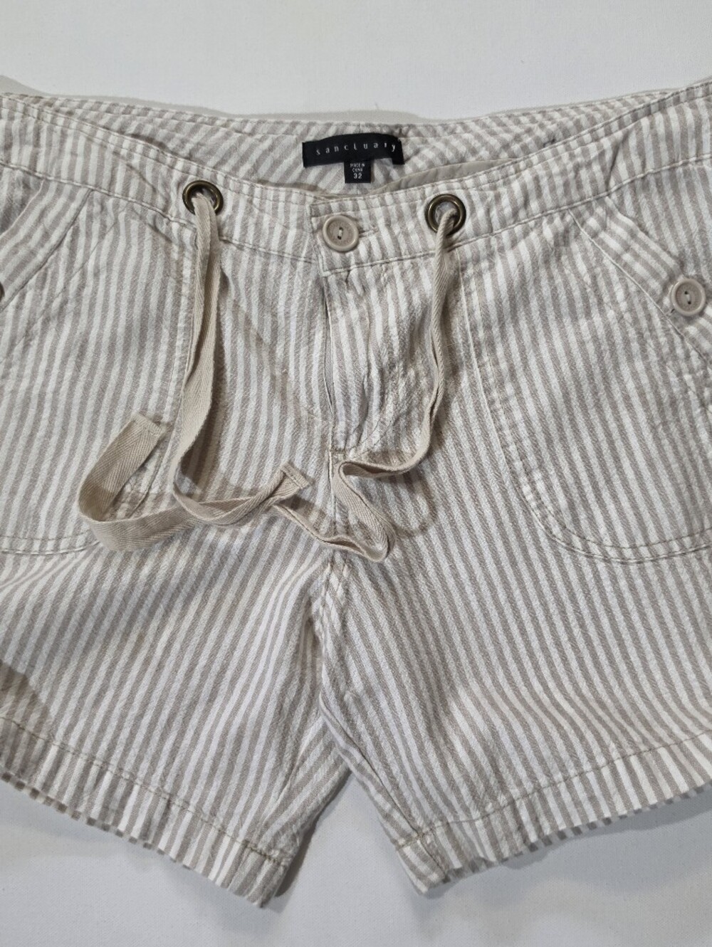Sanctuary Linen Blend Drawstring Utility Shorts Womens Sz 32 Beige White Stripe